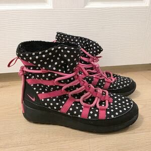Nike Black White Pink Polka Dot Roshe One Winter Lace Up Faux Fur Boots Size 5Y